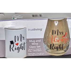 New MUG Mr. Right 11oz & WINE GLASS 18oz Mr. Always Right Gift Wedding Valentine